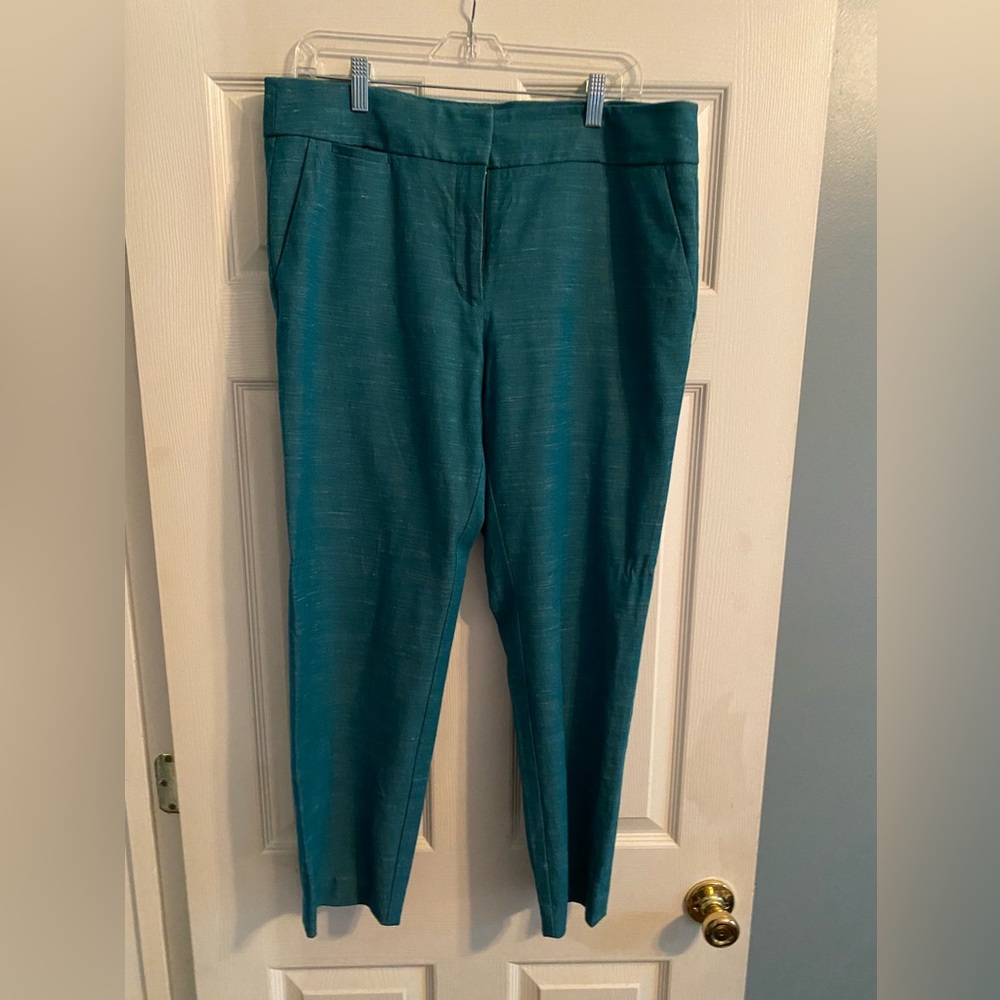 LOFT Pants Womens 12 Blue Marisa Ankle Linen Blend Stretch Tapered Office Career